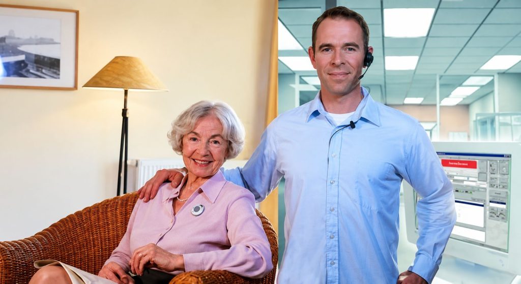 Older woman wearing a personal alarm pendant beside a monitoring operator wearing a headset