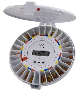 White timed pill dispenser with its lid open